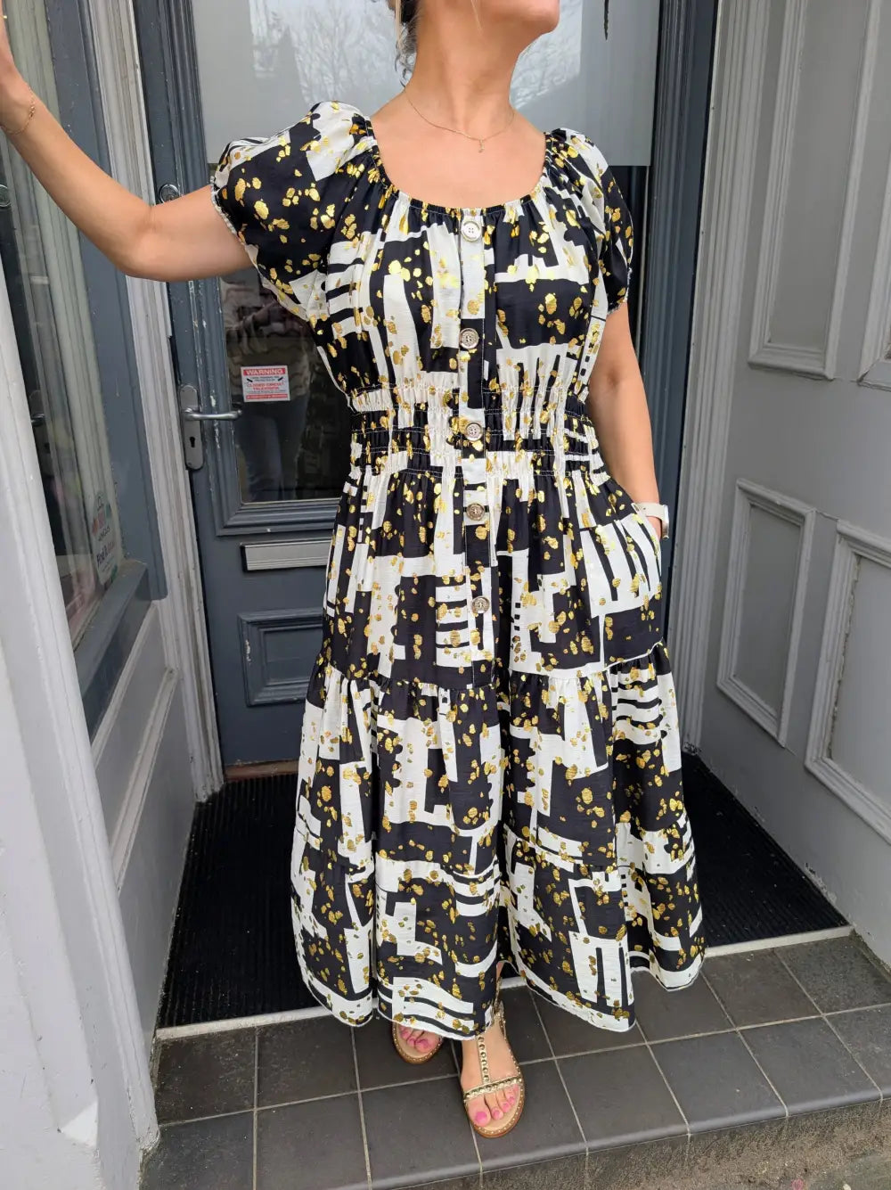 Brianna Gold Foil Bardot Midi Dress BLACK