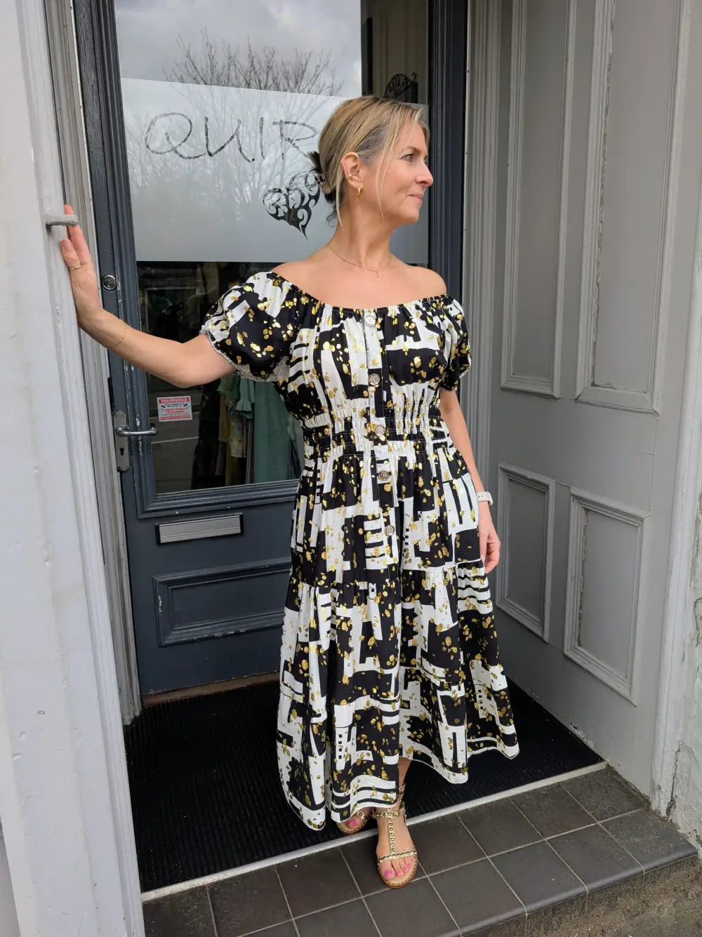 Brianna Gold Foil Bardot Midi Dress BLACK