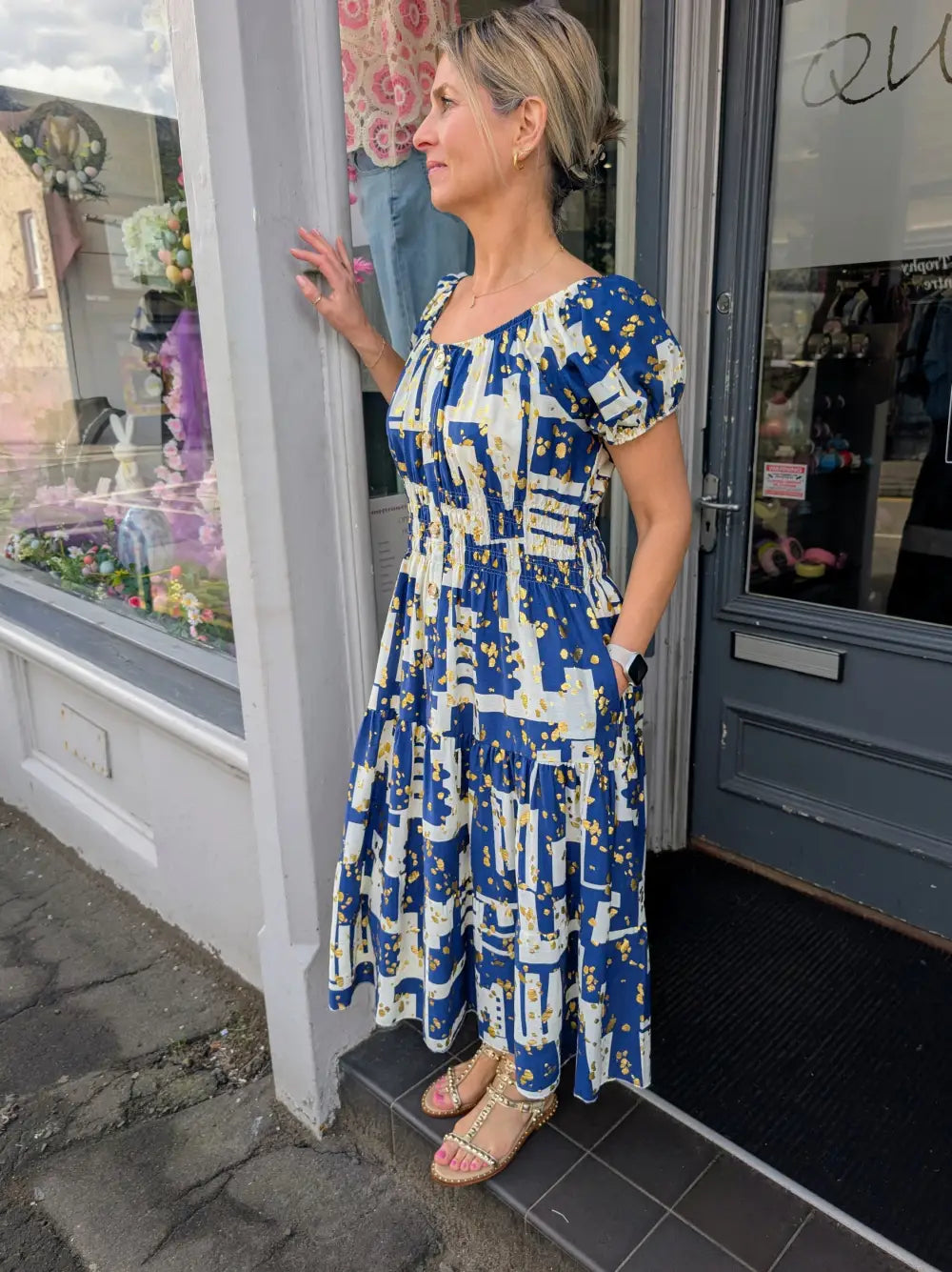 Brianna Gold Foil Bardot Midi Dress NAVY