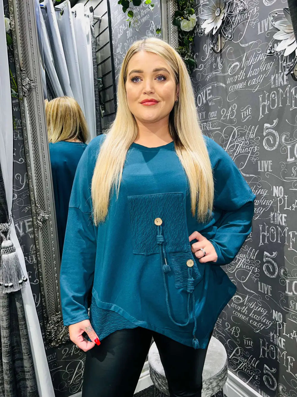 Button and Cord Asymmetric Top TEAL