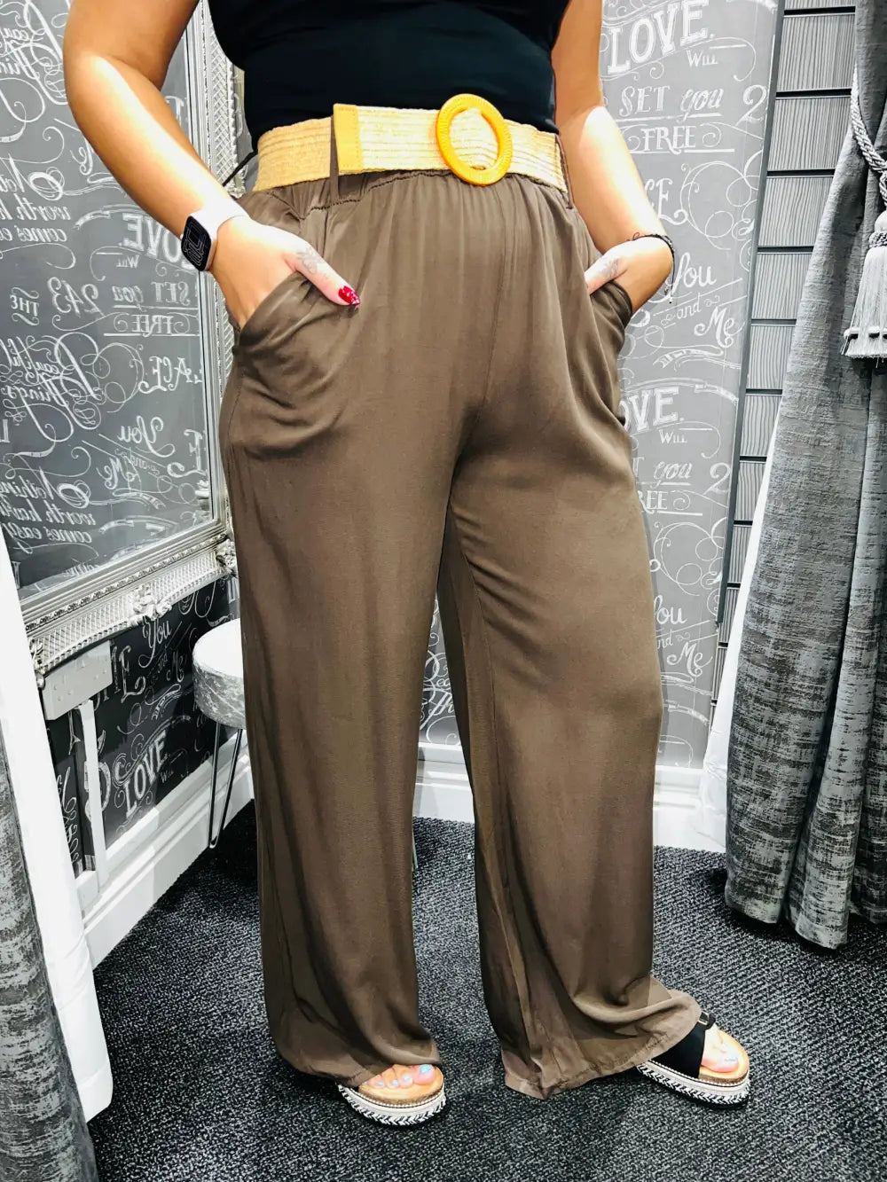 Caprice Soft Feel Wide Leg Trousers CHOCOLATE