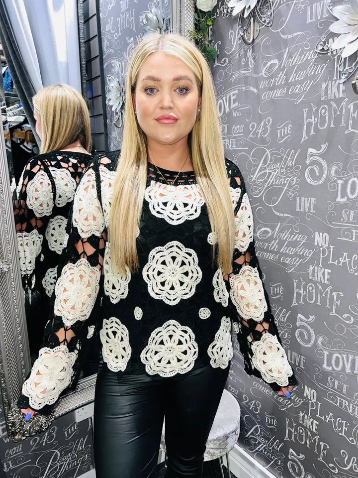 Carmen Long Sleeve Floral Crochet BLACK