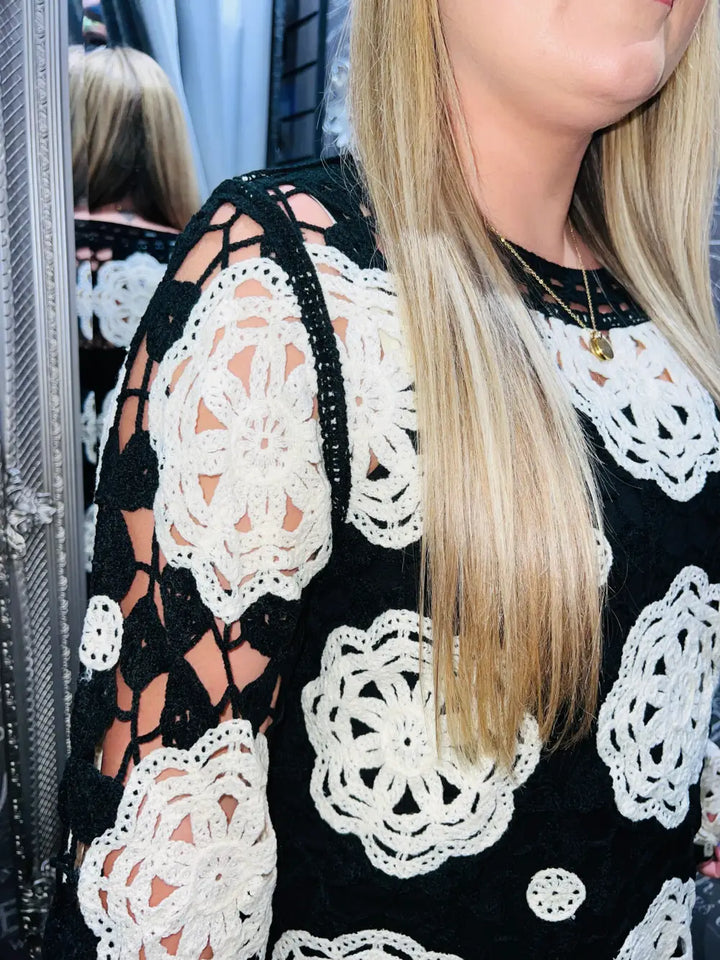 Carmen Long Sleeve Floral Crochet BLACK
