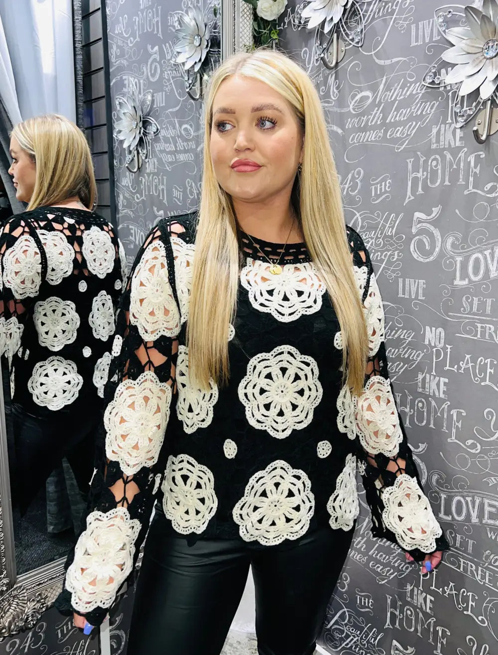 Carmen Long Sleeve Floral Crochet BLACK