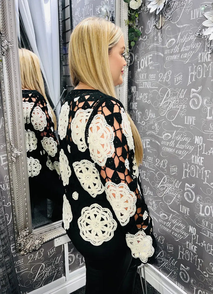 Carmen Long Sleeve Floral Crochet BLACK