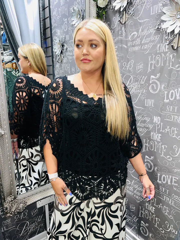 Charlene V-Neck Crochet and Vest BLACK