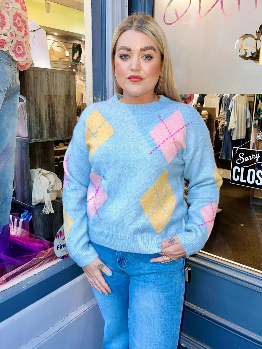 Chloe Argyle Print Jumper LIGHT BLUE