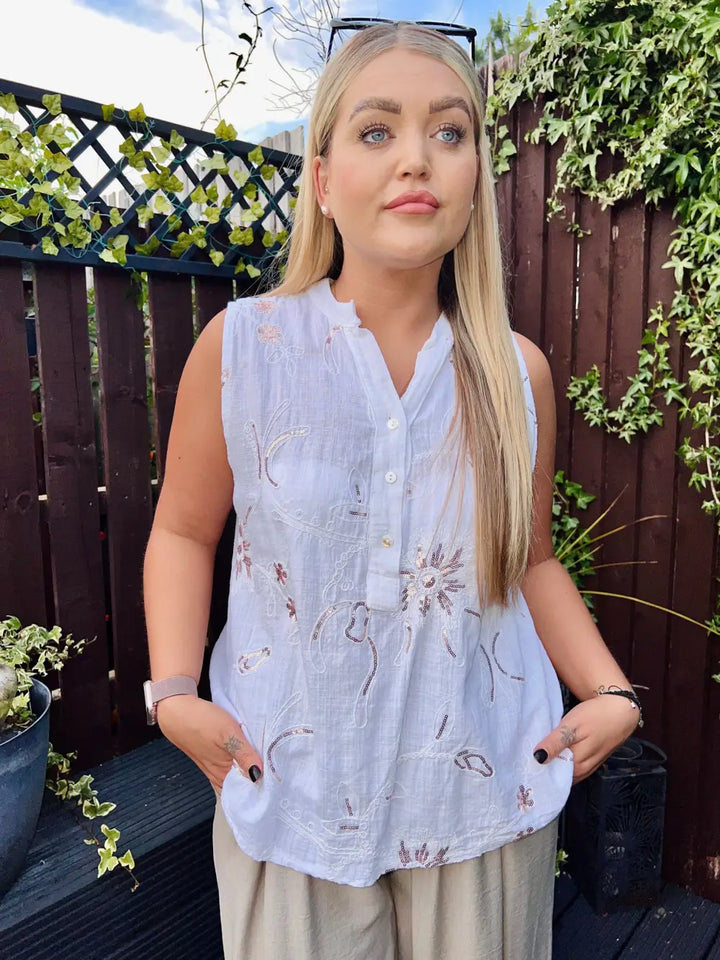 Clara Sequin Detail Vest Top WHITE