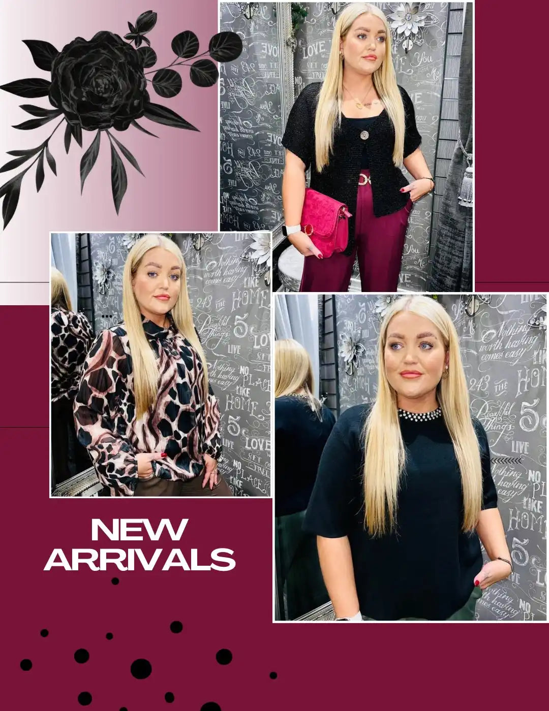 A collage of a blonde woman modeling three different outfits and a floral design.