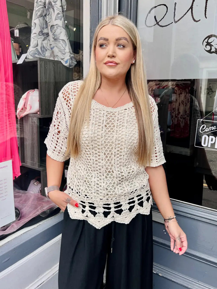 Cora Sequin Crochet Top BEIGE