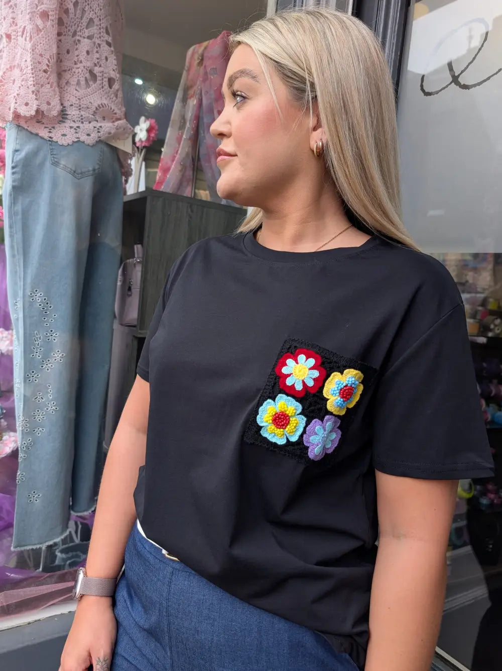 Crochet Pocket T-Shirt BLACK
