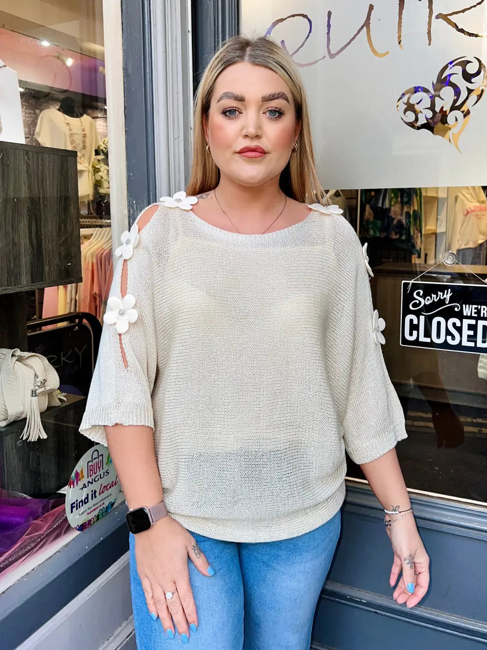 Daisy Embellished Sleeve Knit BEIGE - Knitwear