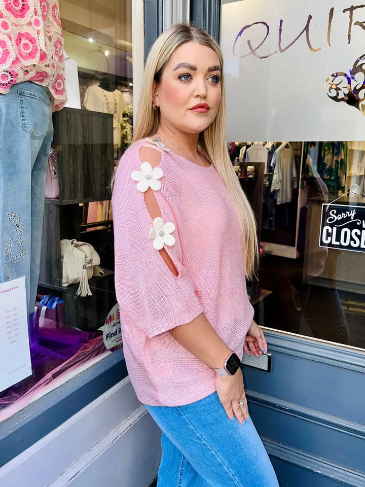 Daisy Embellished Sleeve Knit PALE PINK - Knitwear