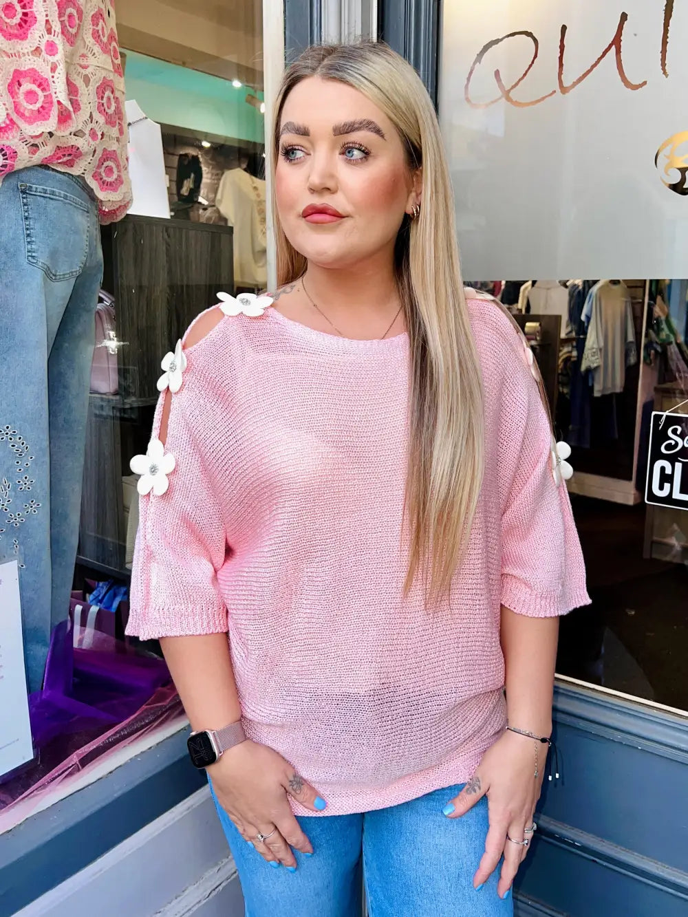 Daisy Embellished Sleeve Knit PALE PINK - Knitwear