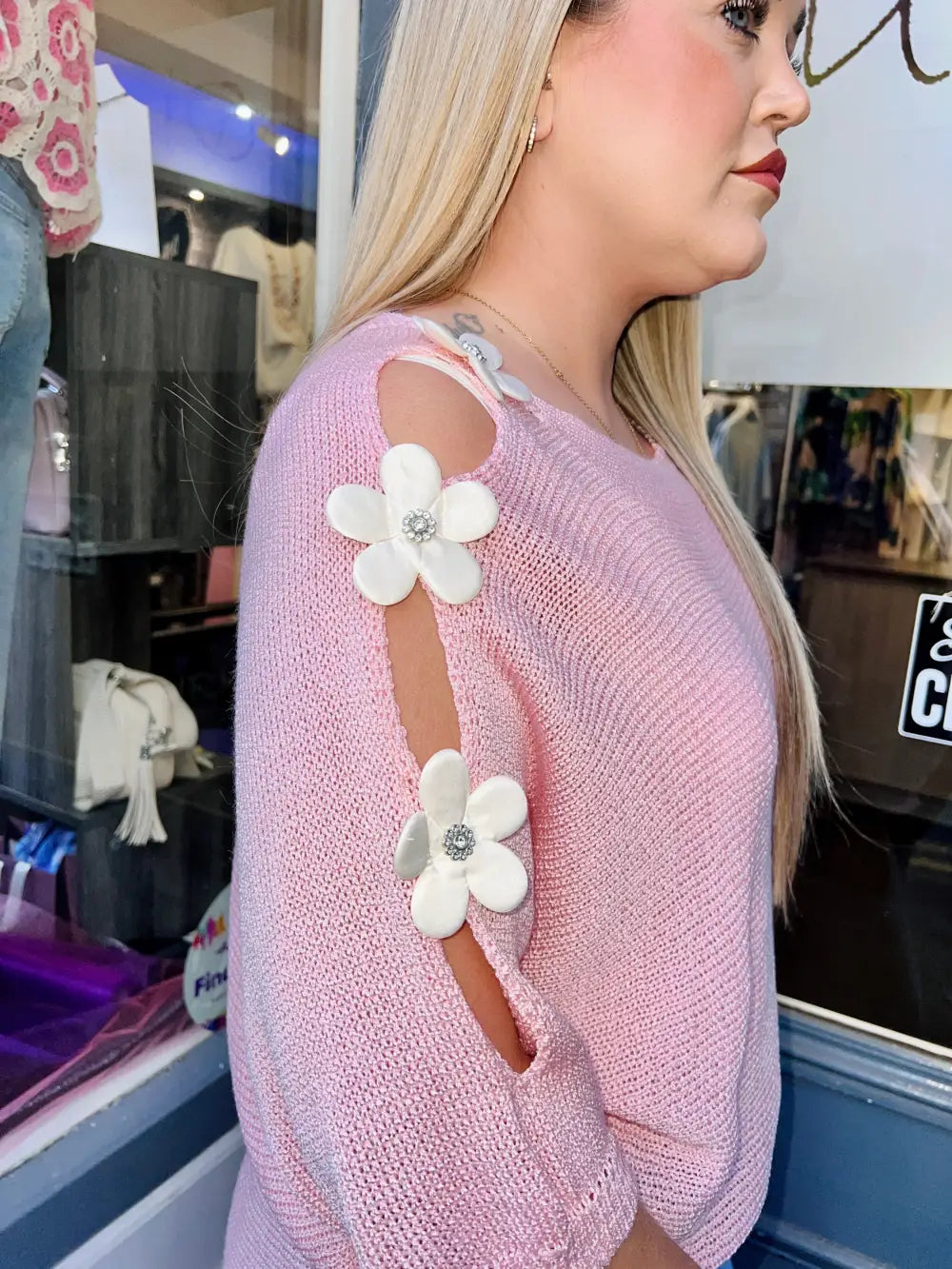 Daisy Embellished Sleeve Knit PALE PINK - Knitwear