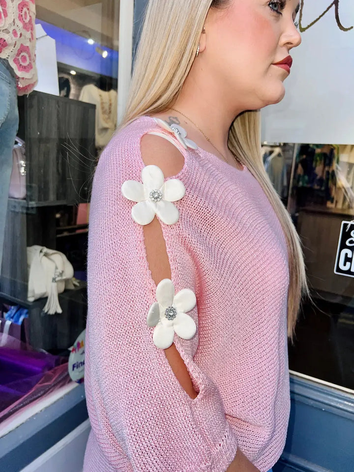 Daisy Embellished Sleeve Knit PALE PINK - Knitwear
