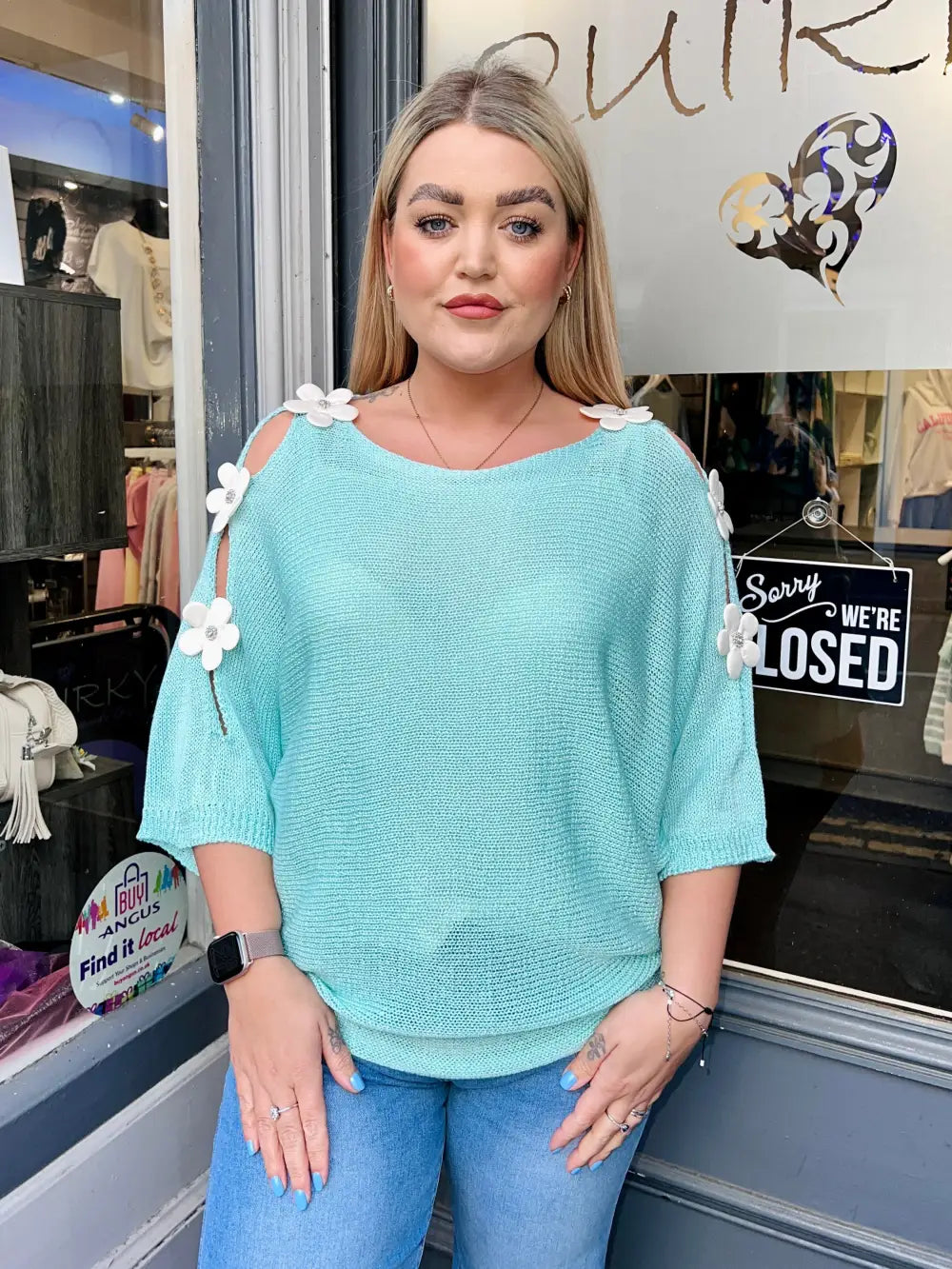 Daisy Embellished Sleeve Knit SEA GREEN - Knitwear