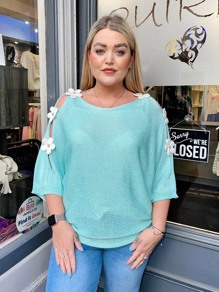 Daisy Embellished Sleeve Knit SEA GREEN - Knitwear