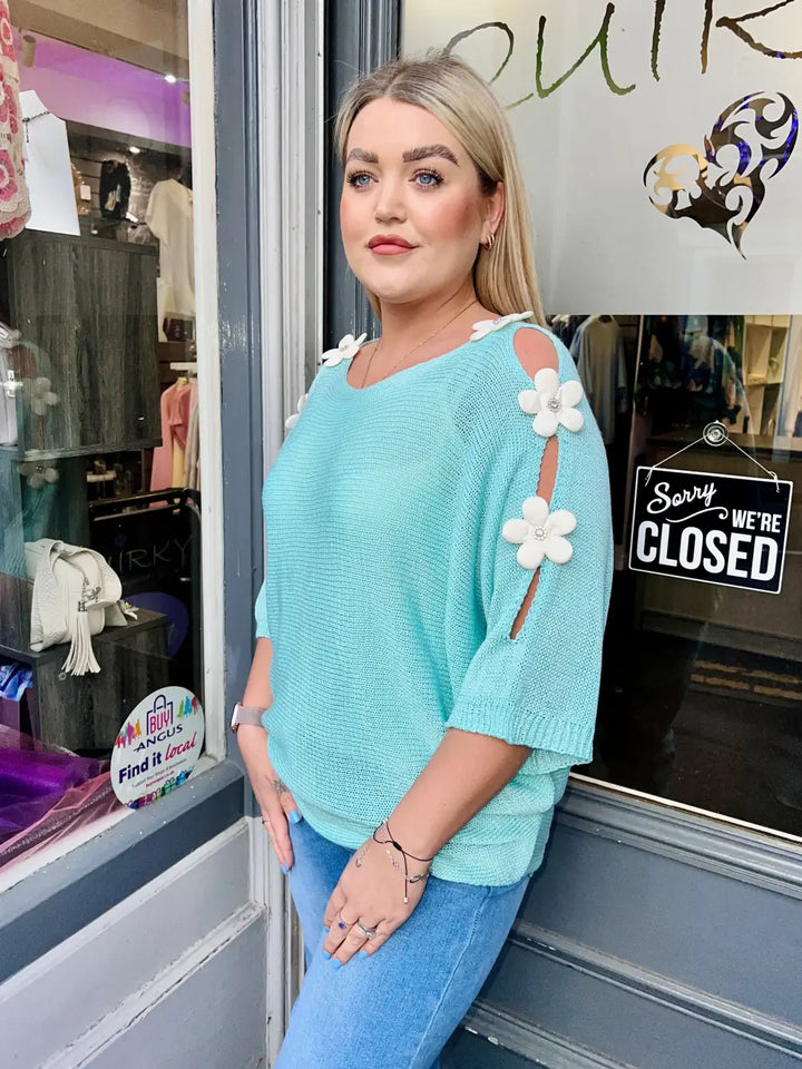 Daisy Embellished Sleeve Knit SEA GREEN - Knitwear