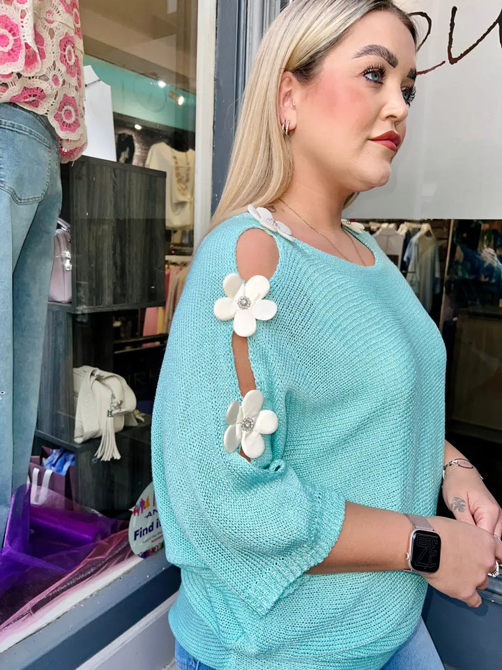 Daisy Embellished Sleeve Knit SEA GREEN - Knitwear
