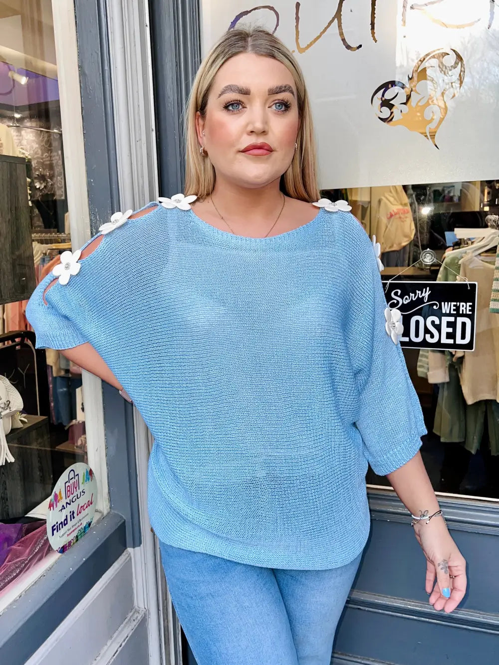 Daisy Embellished Sleeve Knit SKYE BLUE - Knitwear