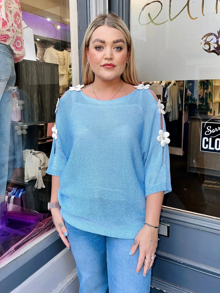 Daisy Embellished Sleeve Knit SKYE BLUE - Knitwear