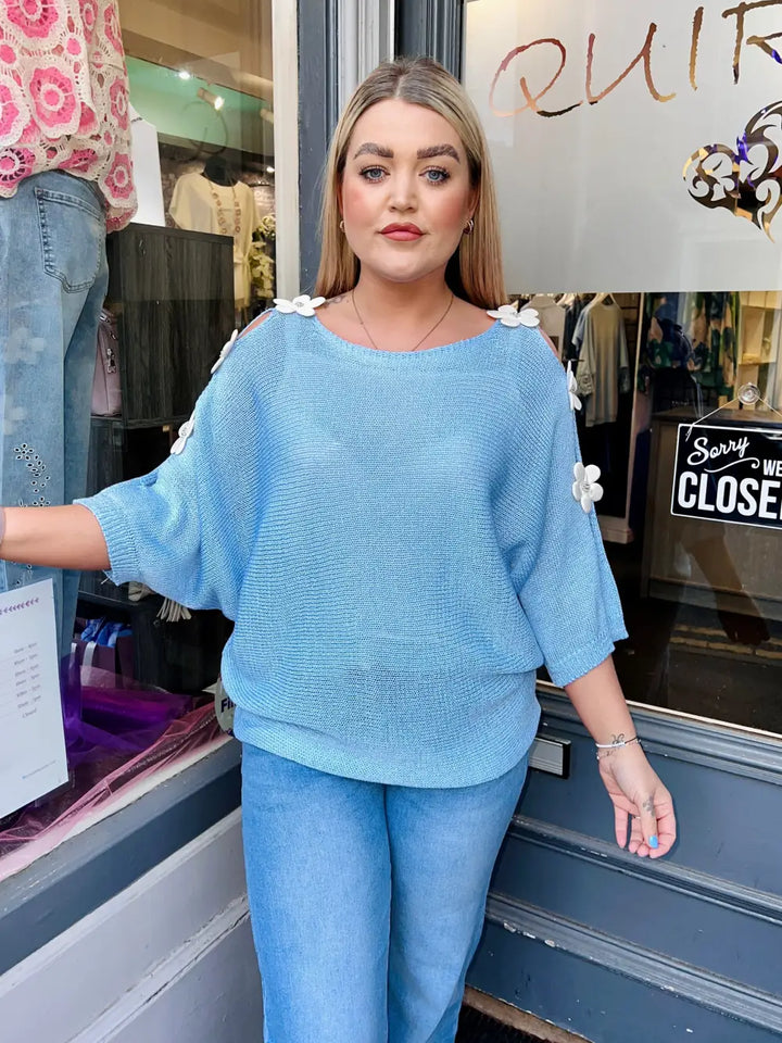 Daisy Embellished Sleeve Knit SKYE BLUE - Knitwear