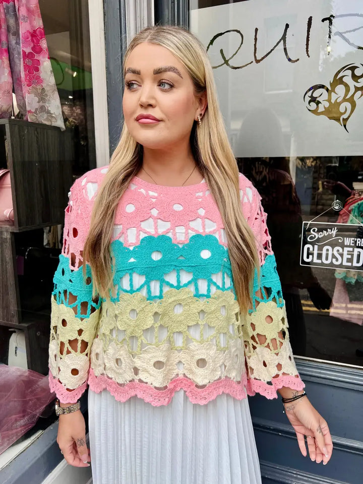Delilah Multicolour Crochet Top LIGHT PINK