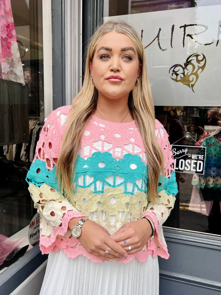 Delilah Multicolour Crochet Top LIGHT PINK