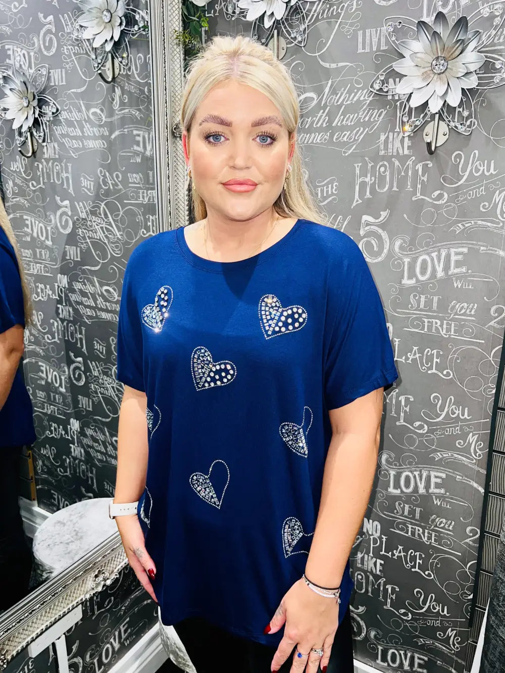 Diamante Heart T-Shirt NAVY - Tops