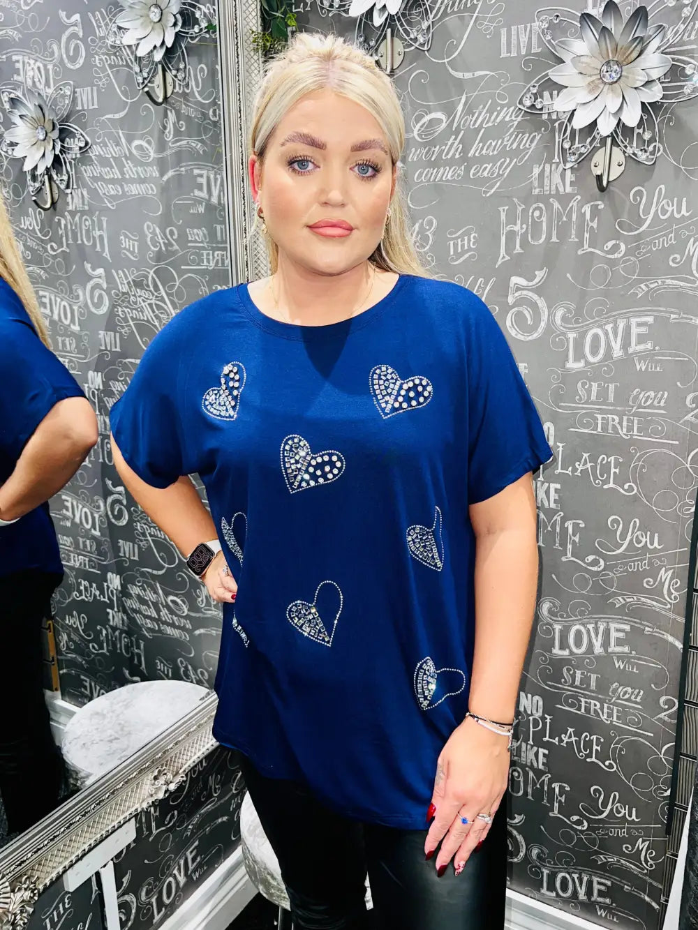 Diamante Heart T-Shirt NAVY - Tops