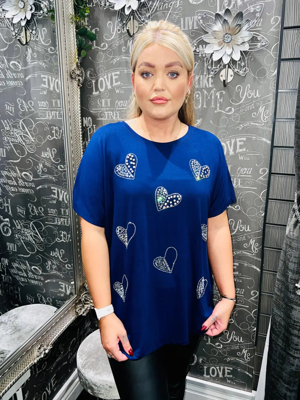 Diamante Heart T-Shirt NAVY - Tops