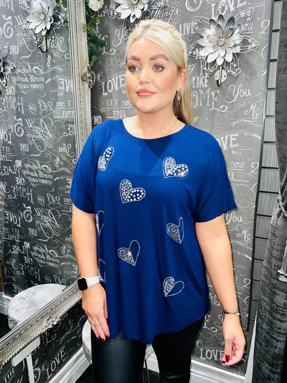 Diamante Heart T-Shirt NAVY - Tops