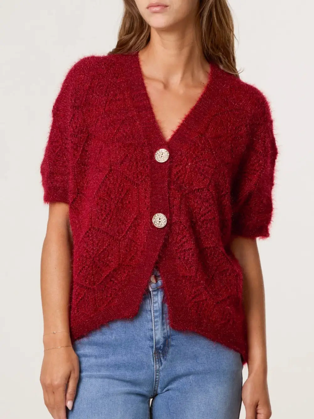 Dova 2 Button Fluffy Cardigan CLARET