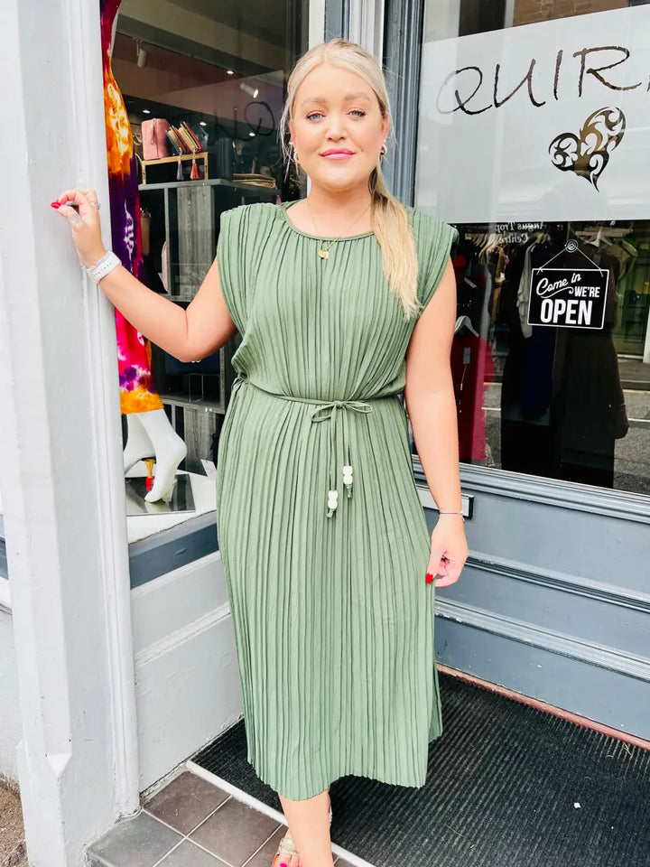 Eliza Pleated Tie Dress KHAKI