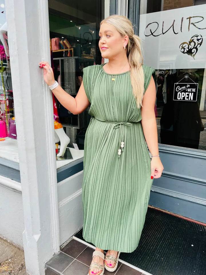 Eliza Pleated Tie Dress KHAKI