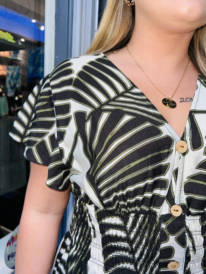 Emilia Large Leaf Print Dress BLACK