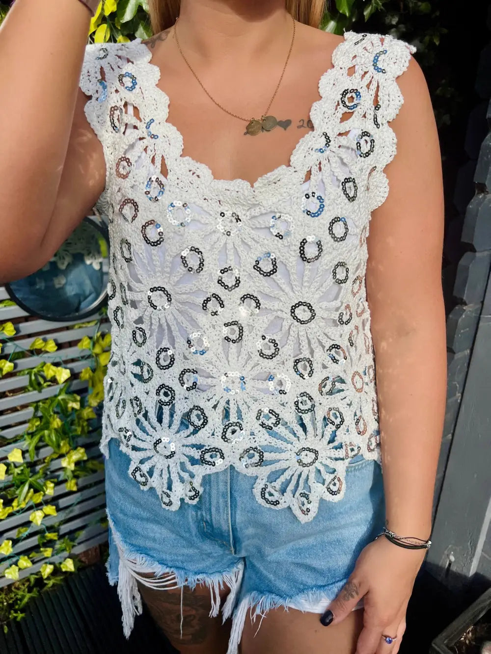 Emilie Sequin Crochet Vest CREAM