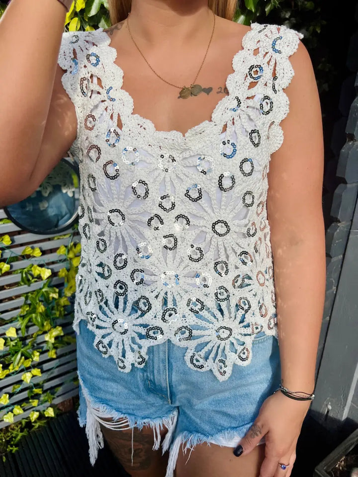 Emilie Sequin Crochet Vest CREAM