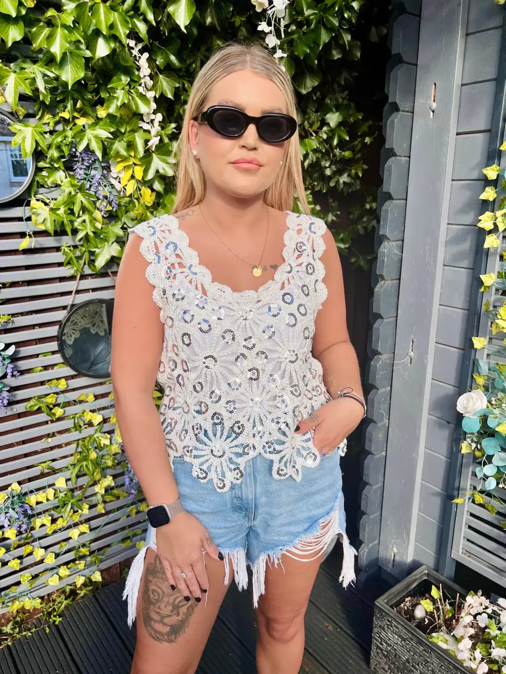 Emilie Sequin Crochet Vest CREAM