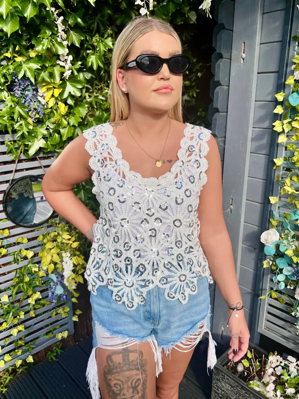 Emilie Sequin Crochet Vest CREAM