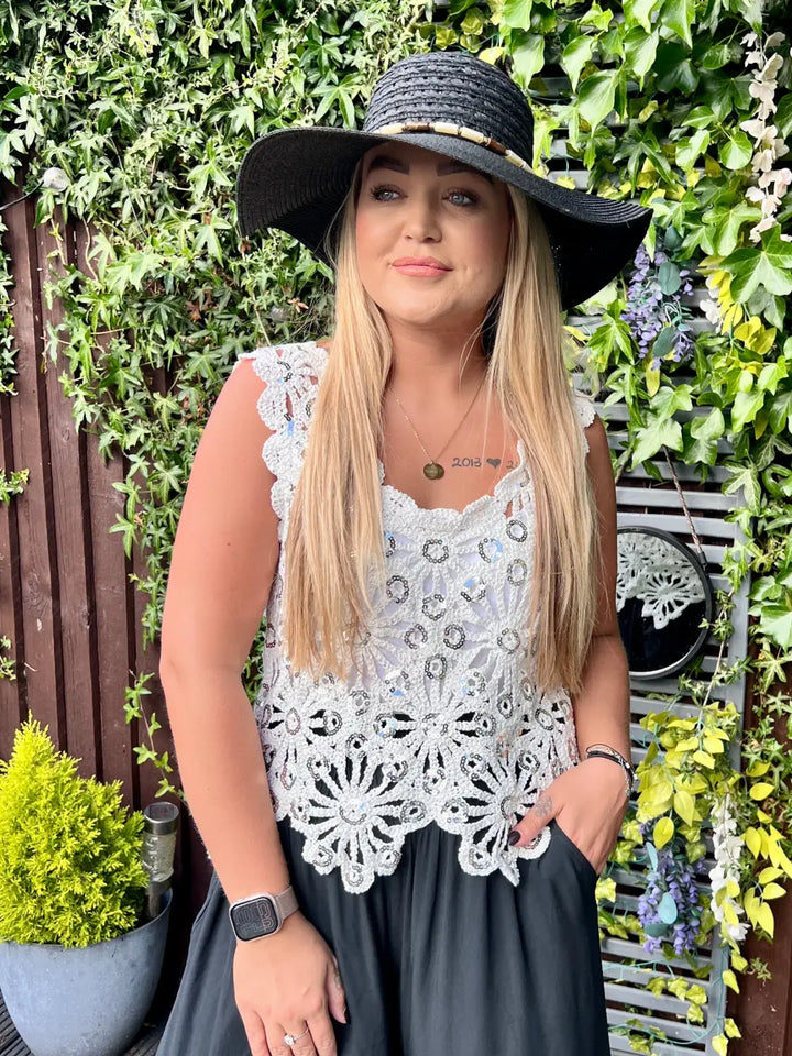 Emilie Sequin Crochet Vest WHITE
