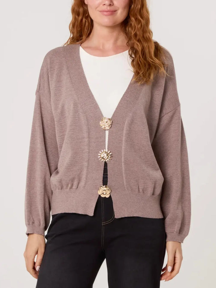 Estelle Gold Brooch Cardigan MOCHA