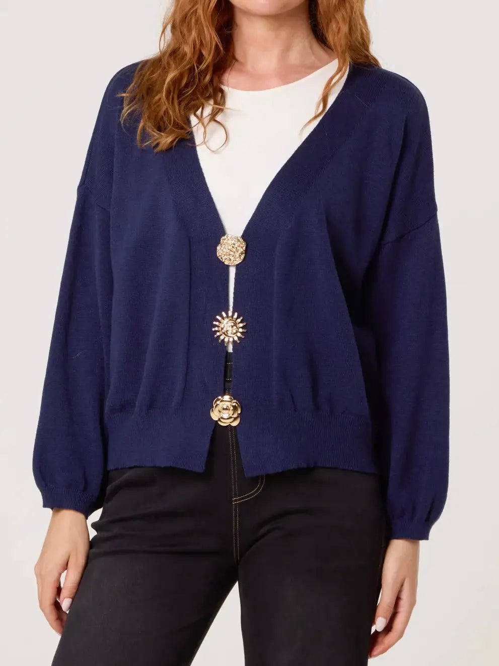 Estelle Gold Brooch Cardigan NAVY Tops