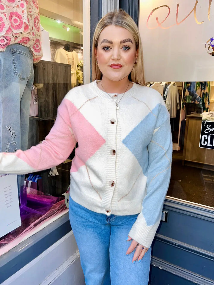 Etta Argyle Print Cardigan CREAM - Knitwear