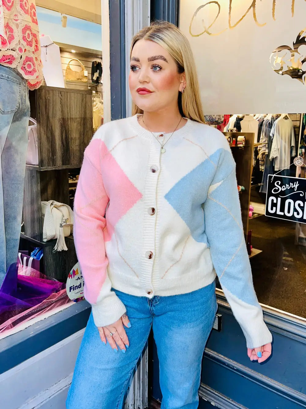 Etta Argyle Print Cardigan CREAM - Knitwear