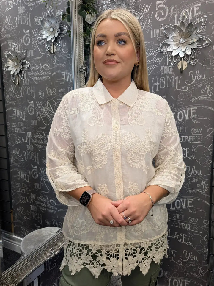 Fallon Embroidered Blouse With Crochet Hem CREAM