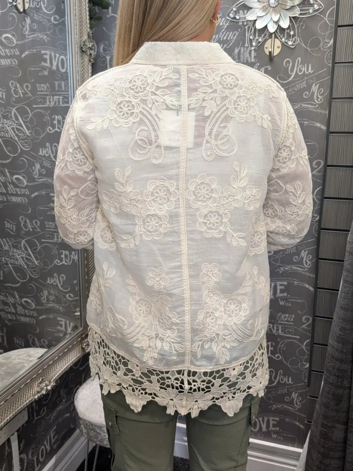 Fallon Embroidered Blouse With Crochet Hem CREAM