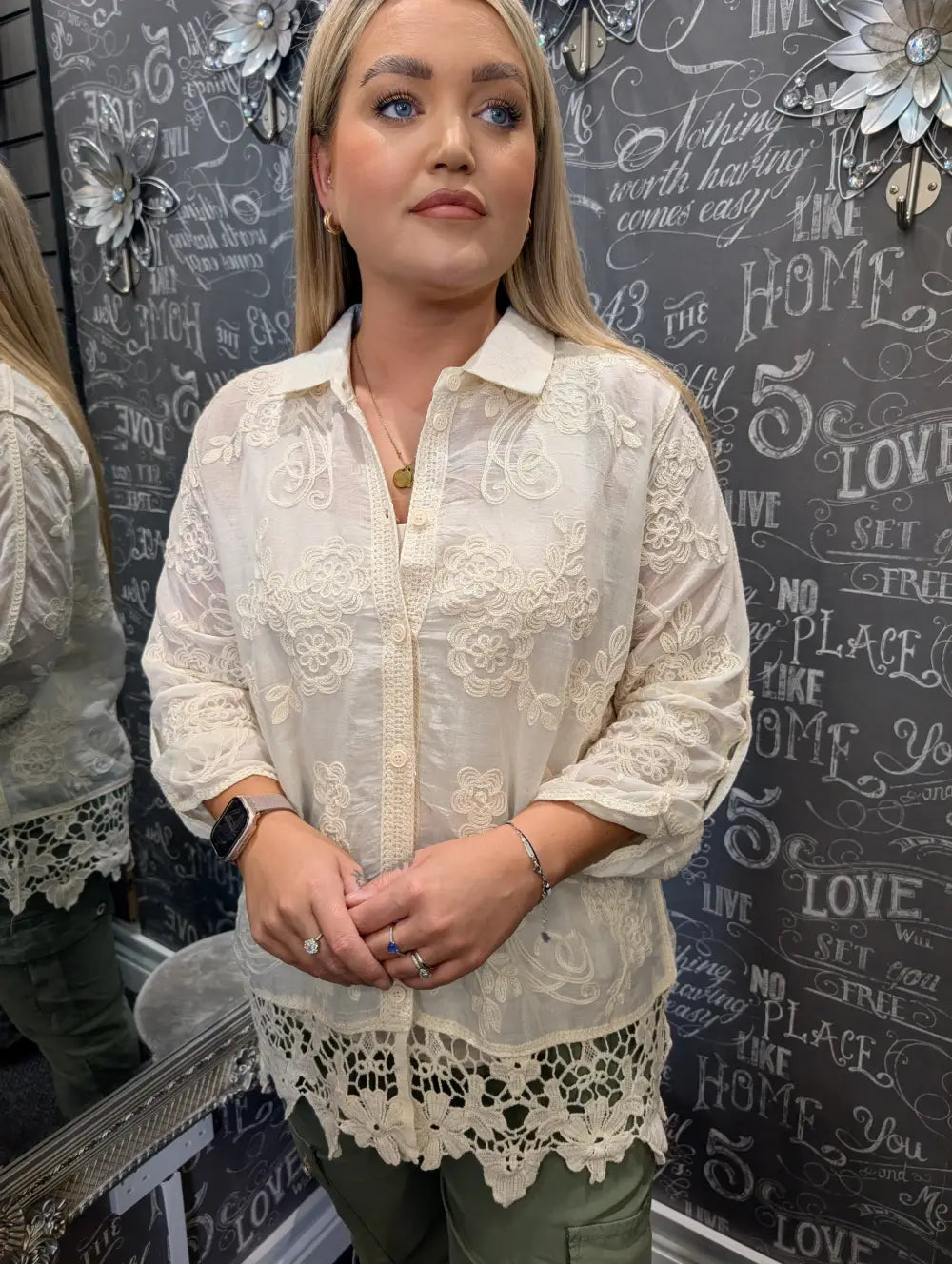 Fallon Embroidered Blouse With Crochet Hem CREAM