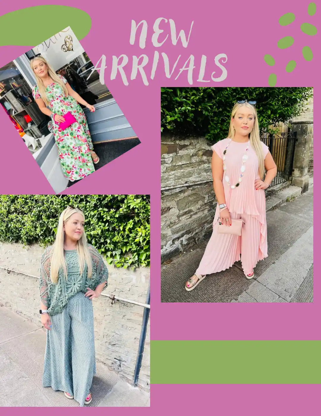 A fashion advertisement featuring a woman modeling three different outfits.